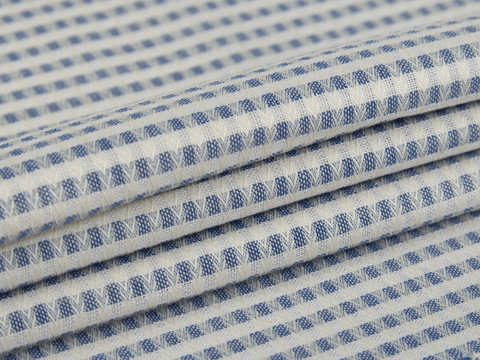 Хлопковая ткань добби синего цвета в мелкую белую клетку