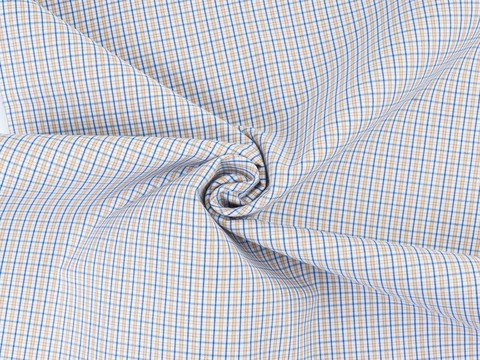 Белая ткань KOOLTEX в мелкую бежевую и голубую клетку из полиэстера и хлопка