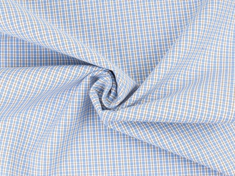 Белая ткань KOOLTEX в светло-голубую и бежевую клетку из полиэстера и хлопка