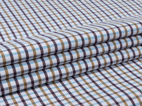 Белая ткань KOOLTEX в мелкую кофейно-голубую клетку из полиэстера и хлопка