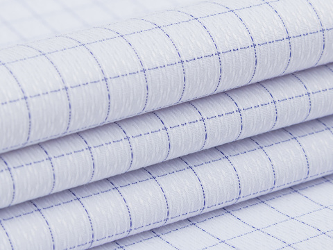 Белый жаккард в тонкую синюю клетку из полиэстера хлопка и лайкры