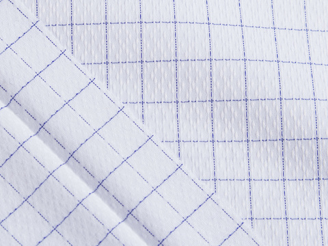 Белый жаккард в тонкую синюю клетку из полиэстера хлопка и лайкры