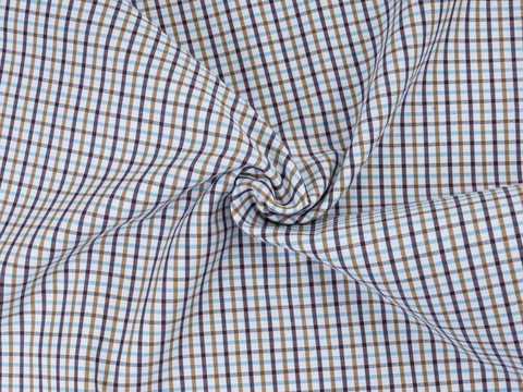Белая ткань KOOLTEX в мелкую кофейно-голубую клетку из полиэстера и хлопка