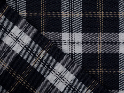 Тёмно-синяя ткань в белую и бежевую клетку из полиэстера и хлопка