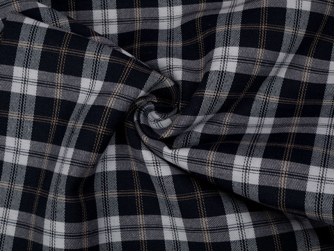 Тёмно-синяя ткань в белую и бежевую клетку из полиэстера и хлопка