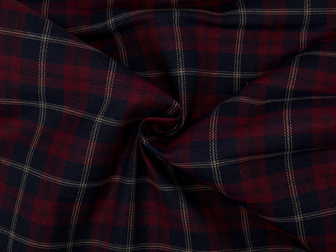 Тёмно-синяя ткань в красную и бежевую клетку из полиэстера и хлопка