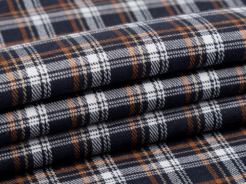 Тёмно-синяя ткань в белую и коричневую клетку из полиэстера и хлопка