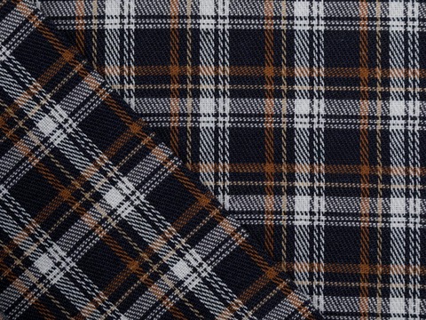 Тёмно-синяя ткань в белую и коричневую клетку из полиэстера и хлопка