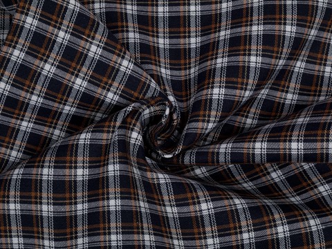 Тёмно-синяя ткань в белую и коричневую клетку из полиэстера и хлопка