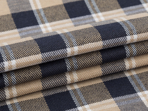 Бежевая ткань в сине-белую клетку из полиэстера и хлопка