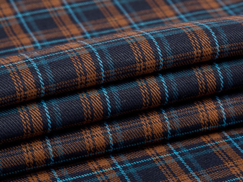 Тёмно-синяя ткань в голубую и терракотовую клетку из полиэстера и хлопка