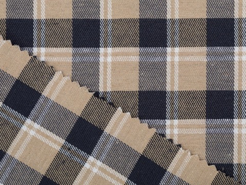 Бежевая ткань в сине-белую клетку из полиэстера и хлопка