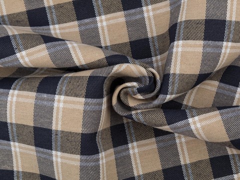 Бежевая ткань в сине-белую клетку из полиэстера и хлопка