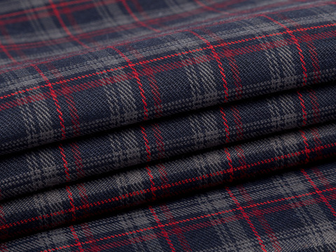 Синяя ткань в красно-серую клетку из полиэстера и хлопка