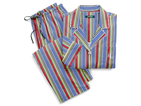 Сатин стрейч в полоску РАЛЬФ из поликоттона - голубой-мульти