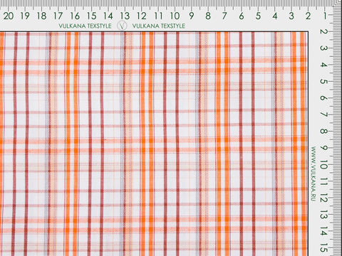 Белая ткань в оранжево-бордовую клетку из полиэстера и хлопка