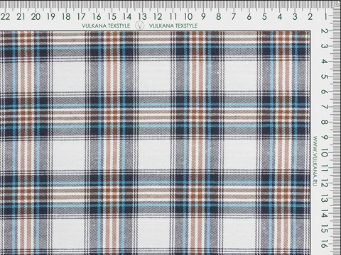 Белая ткань в коричнево-сине-голубую клетку из полиэстера и хлопка