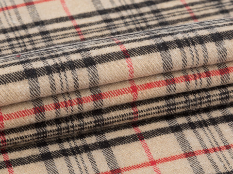Бежевая ткань в чёрно-красную клетку из полиэстера и хлопка