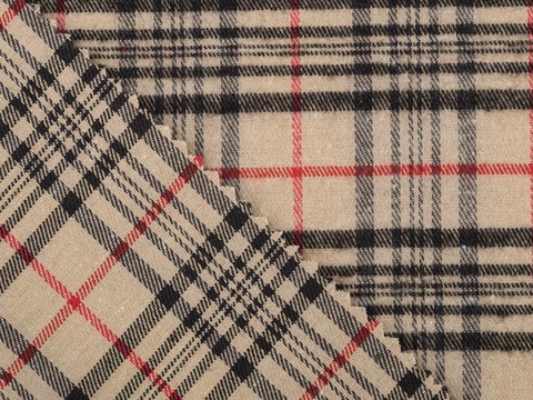 Бежевая ткань в чёрно-красную клетку из полиэстера и хлопка