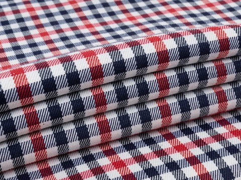 Плотная ткань в мелкую бело-сине-красную клетку виши из полиэстера хлопка и лайкры