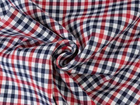 Плотная ткань в мелкую бело-сине-красную клетку виши из полиэстера хлопка и лайкры