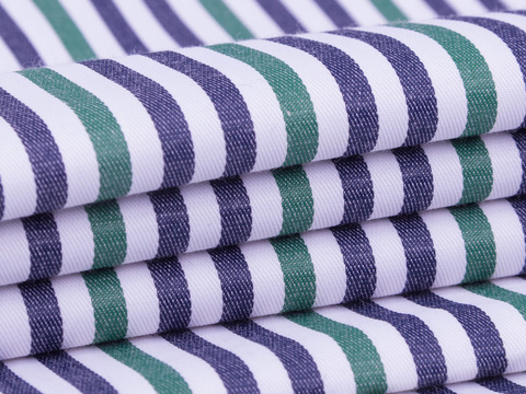 Ткань в белую синюю и зеленую полоску из полиэстера хлопка и лайкры