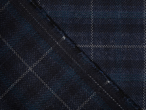 Тёмно-синий твид в голубую и серую клетку из полиэстера и вискозы