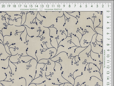 Ткань с синим цветочным принтом на бежевом фоне хлопок