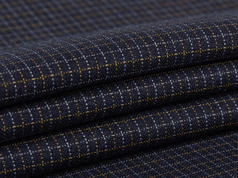 Костюмная синяя ткань в мелкую бежевую клетку из полиэстера и вискозы
