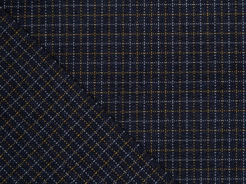 Костюмная синяя ткань в мелкую бежевую клетку из полиэстера и вискозы