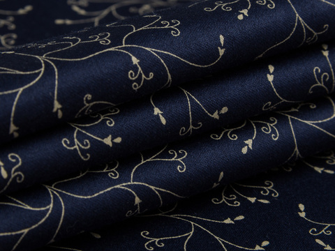 Ткань с бежевым цветочным принтом на синем фоне хлопок