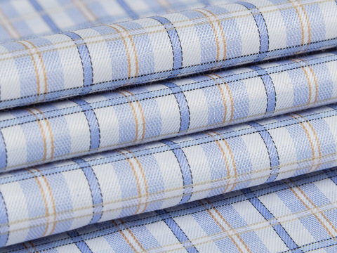 Голубая ткань в крупную сине-бежевую клетку из полиэстера и хлопка