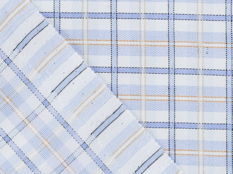 Голубая ткань в крупную сине-бежевую клетку из полиэстера и хлопка