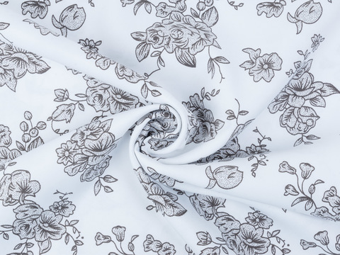 Белая ткань в серый цветочек полиэстер с вискозой