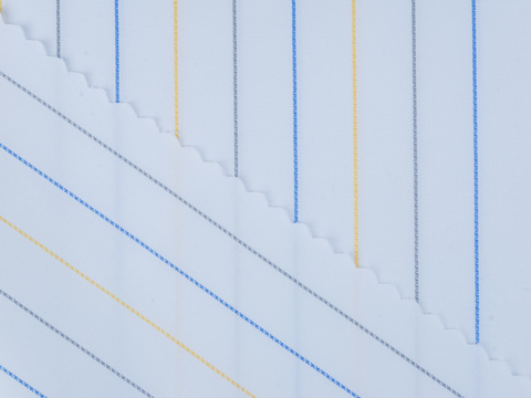 Голубая ткань в серо-сине-жёлтую тонкую полоску из полиэстера и хлопка