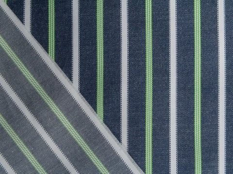 Джинсовая ткань в сине-бело-салатовую полоску из полиэстера и хлопка