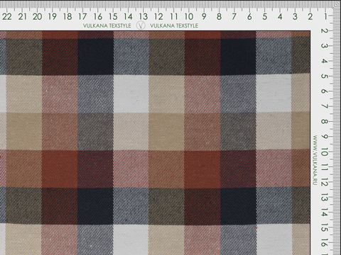 Ткань в крупную бежево-сине-ржавую клетку из полиэстера и хлопка