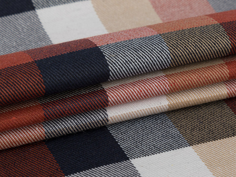 Ткань в крупную бежево-сине-ржавую клетку из полиэстера и хлопка