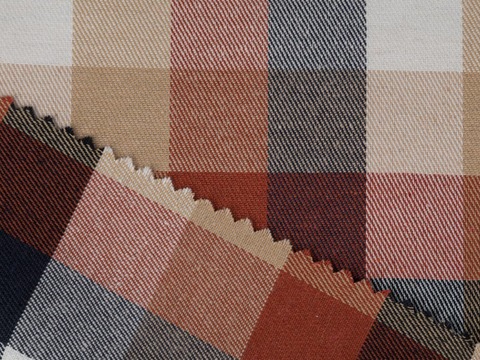 Ткань в крупную бежево-сине-ржавую клетку из полиэстера и хлопка