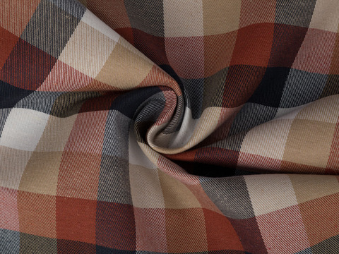 Ткань в крупную бежево-сине-ржавую клетку из полиэстера и хлопка